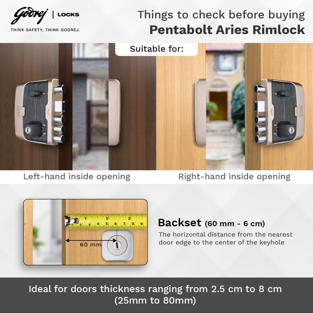 Godrej Rim Lock I Pentabolt Aries 3KS I 5 Bolts I 2C Deadbolt I For Inside Opening Door | LeftorRight Handed Doors I 4 Keys I 15-Year Warranty I Manual Locking I Vegas Gold Finish
